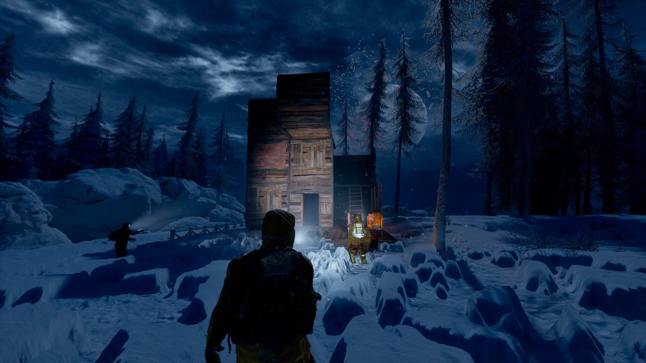 A player-built shelter glowing against a dark snowy night